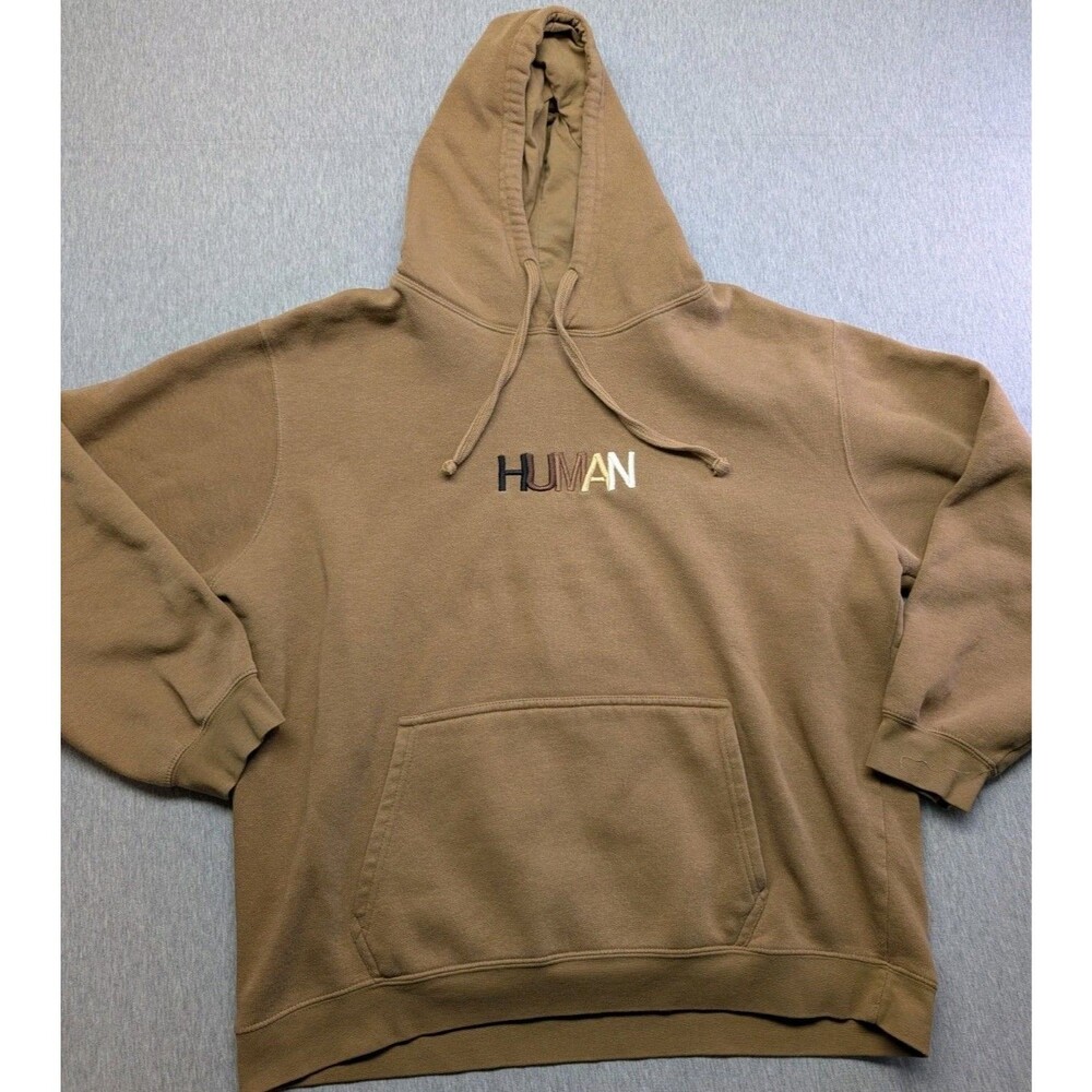 Wear The Peace Hoodie Men’s 2XL “HUMAN” Brown Embroidered Pullover Sweatshirt